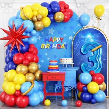 Imagem de Kit de guirlanda de balões de 3º aniversário vermelho, azul real, metálico, dourado, dourado, estrela, azul, número 3, torre de balões número 3 para crianças de 3 anos de idade, decoração de festa de