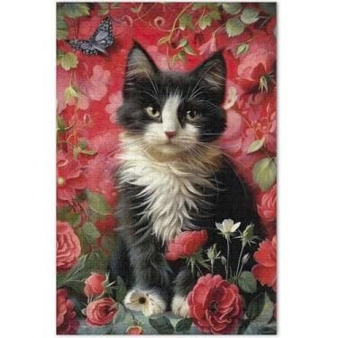 Imagem de Quebra-cabeça com flores e gatos, 500 peças, adultos, divertido, bobo, divertido, para adultos, pintura artística