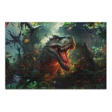 Imagem de Quebra-cabeça rígido T Rex dinossauro rugindo na selva para adultos com letras nas costas 1000 peças