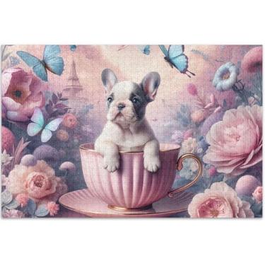 Imagem de Quebra-cabeça rosa floral buldogue para adultos 1000 peças de desenhos animados animais paisagem quebra-cabeça presentes para jogo de elefante branco, 75 x 40 centímetros