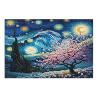 Imagem de Quebra-cabeça noite estrelada flor de amendoeira 1000 peças, quebra-cabeças adultos com letras na parte de trás