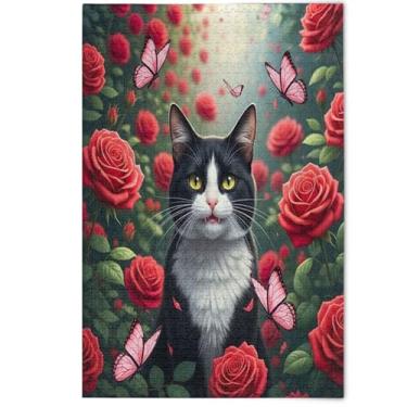 Imagem de Jigsaw Puzzle 1000 Pieces Adult Cute Cat Red Roses Lovers Gifts Family Puzzle Scene Nature Puzzles Decorative Scenery Animal Art, 1000 Pieces, 29.5" x 19.7"