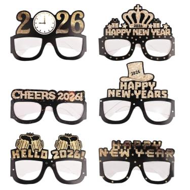 Imagem de 6 Óculos de Ano Novo Feliz Ano Novo 2026, Óculos de Papel Preto e Dourado para Festa Decoração Anos Novos 2026 para Lembrancinhas Festa Do Anos Novos Primavera (6 Modelos)