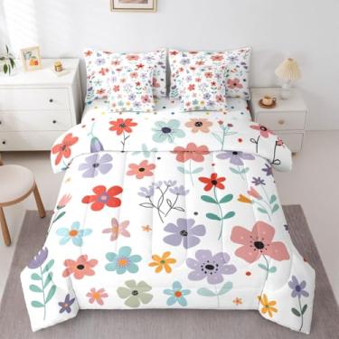 Imagem de jejeloiu Conjunto de edredom floral completo com lençol para crianças, meninos, meninas, plantas, 7 peças, fazenda, jardim, decoração de quarto, vermelho, azul, microfibra leve