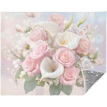 Imagem de TSENQUE Buquê de flores rosas rosa personalizado Boho manta lavável cobertores grossos para o inverno 177.8 cm x 139.7 cm cinza grande confortável sofá
