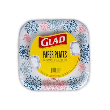 Imagem de Glad Pratos de papel descartáveis quadrados para todas as ocasiões, design de hortênsia rosa - à prova de imersão e corte, prato resistente a granel para micro-ondas - quadrado de 17 cm, 50 unidades