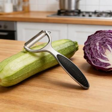 Imagem de Descascadores multifuncionais de frutas e batatas com alça ergonômica de aço inoxidável, ferramenta de remoção de descascamento de maçã de cozinha preta plana 1