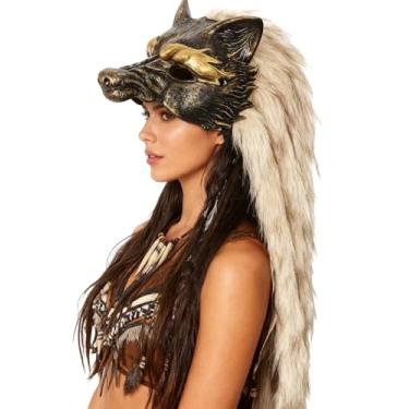 Imagem de Joukavor Máscara de lobo viking com pele de bárbaro para cabeça de lobisomem para cosplay de Halloween (ouro)