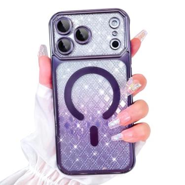 Imagem de Bonoma Capa com glitter para iPhone 17 Pro [compatível com MagSafe], capa brilhante com estampa quadriculada magnética, proteção para câmera, capa traseira macia e brilhante para mulheres e meninas