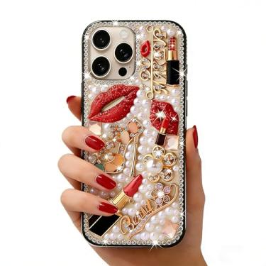 Imagem de Bonitec Compatível com iPhone 15 Pro Max Bling Case para mulheres meninas luxo 3D diamante cristal strass batom lábios salto alto floral brilhante pérola glitter protetor feminino bonito designer