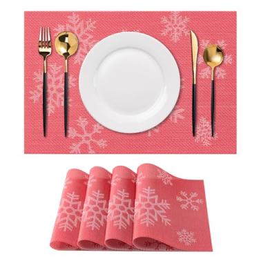 Imagem de CADONO Jogo americano conjunto de 4 tapetes de vinil laváveis para mesa de jantar, antiderrapante, resistente ao calor, de PVC (Natal - vermelho)
