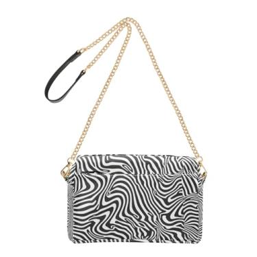 Imagem de Joitme Bolsa de ombro feminina transversal para celular preta branca ondulada listrada zebra corrente alça de couro PU bolsa de ombro