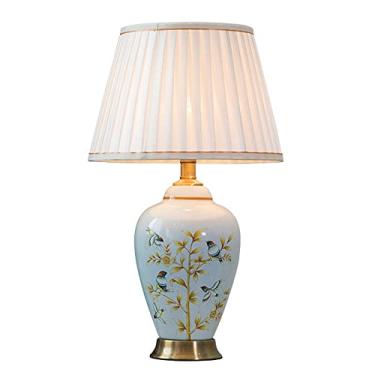 Imagem de Abajur de mesa grande em cerâmica com cúpula combinando - Abajur de cabeceira moderno chinês para quarto, com vaso pintado com flores e pássaros, luminária de mesa para quarto com acabamento