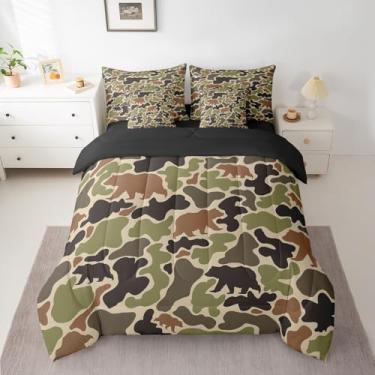 Imagem de Jogo de cama solteiro com urso camuflado, 7 peças, para caça ao urso, inclui edredom, conjunto de lençol, fronhas e fronhas, decoração de quarto, animais selvagens, cama em uma bolsa, casa de fazenda