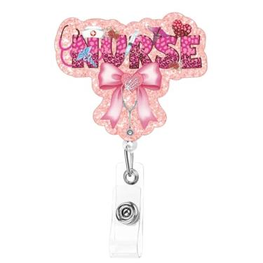 Imagem de AFRITEE Suporte de crachá para enfermagem, carretel de crachá de laço rosa com clipe jacaré para enfermeira, acessório de trabalho retrátil de acrílico para assistente médico LPN MA CMA