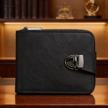 Imagem de Carteira masculina de couro curta com zíper, organizador universal de couro preto (preto)