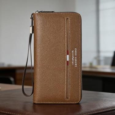 Imagem de Carteira masculina clássica marrom claro com vários compartimentos abertos, padrão xadrez de couro sintético, grande capacidade, design aberto com vários compartimentos marrom claro clássico com