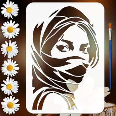Imagem de FINGERINSPIRE Estêncil de pintura de mulher mascarada com pincel 29,7 x 21 cm, estêncil de silhueta de rosto feminino, estêncil reutilizável para pintura em móveis de parede, decoração de casa