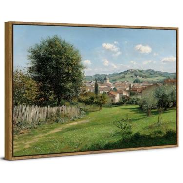 Imagem de Arte de parede emoldurada vintage paisagem country decoração de parede fazenda prado imagens cênicas natureza árvores verdes pintura floresta tela pôster cênico arte em tela para decoração de mesa de