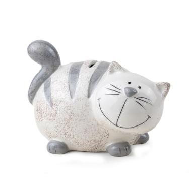 Imagem de Cofrinho de cerâmica para gatos, cofrinho em forma de gatinho cinza e branco com design sorridente fofo cofrinho para crianças, primeira caixa de dinheiro, melhor aniversário de Natal (cinza escuro e