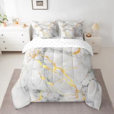 Imagem de Jogo de cama Queen com glitter de mármore, tamanho Queen, dourado, branco, aquarela, para adultos, crianças, meninos, meninas, adolescentes, arte retrô em uma bolsa, conjunto de cama abstrata moderna
