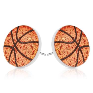 Imagem de 1 par de brincos pequenos de acrílico de basquete com glitter para mulheres e homens - mini brincos esportivos bonitos simples e brilhantes - joias modernas de aço inoxidável