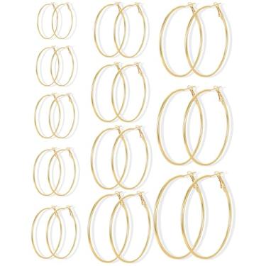 Imagem de 12 pares de brincos de argola de ouro para mulheres, argolas grandes banhadas a ouro 14K, brincos de círculo fino e hipoalergênicos, leves, conjunto de joias minimalistas para o dia a dia