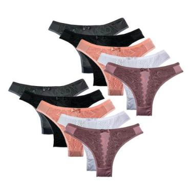 Imagem de Kit 10 Calcinhas Tanga Conforto Lingerie Detalhe Em Renda Atacado - QU