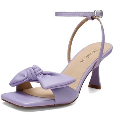 Imagem de TEAIEUI Sandálias femininas com salto de laço, bico quadrado, aberto, fivela no tornozelo, sapatos elegantes para casamento, noiva, formatura, festa, uso diário, Roxa, 40