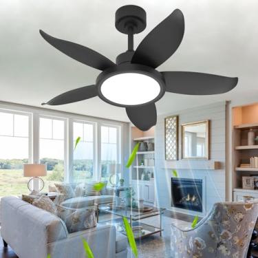Imagem de Ventilador de teto silencioso com 5 pás, luzes, controle remoto por aplicativo, ventilador com lustre LED dimerizável, 6 velocidades, timer reversível para quarto, 91 cm (36 pol.), preto.