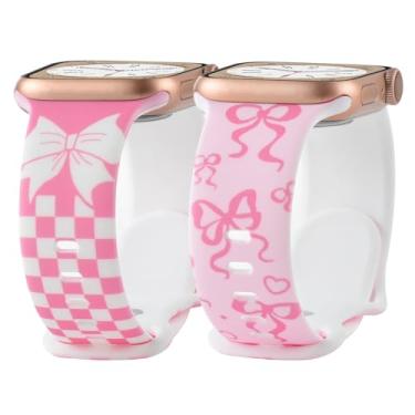 Imagem de Pulseiras femininas de silicone macio com estampa de laço e laço de 38 mm, 40 mm e 41 mm, pacote com 2 pulseiras femininas (rosa rosa + laço xadrez, 41/40/38 mm)