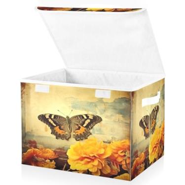 Imagem de Blueangle Cestos de armazenamento de borboleta vintage com tampas, 42 x 32 x 30 cm, grande cesta organizadora dobrável para decoração de escritório e armário (325)