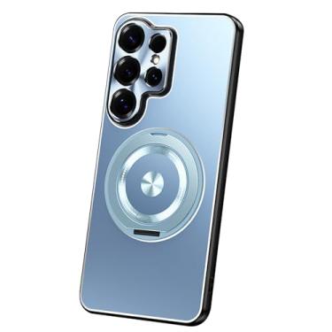Imagem de POYUFRG Capa magnética para Samsung Galaxy S26 Ultra/S26 Plus/S26, capa fina de metal galvanizado fosco com capa de proteção de lente com suporte giratório, azul, S26 Plus