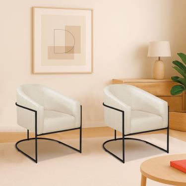 Imagem de Kit 2 Poltronas Decorativa Jade Moderno Escritório Confortável Luxo Base De Ferro Preto Bouclé Cor Bege