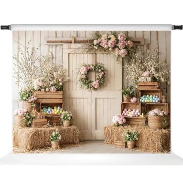 Imagem de Kate Pano de fundo de Páscoa para sessão de fotos flores de primavera porta de celeiro de madeira ovos coloridos adereços de banner de festa, 2,1 x 1,5 m