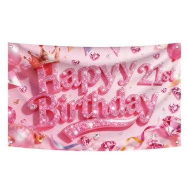 Imagem de Decorações de feliz aniversário de 21 anos para ela, faixa de fundo de aniversário com glitter rosa, pôster, aniversário de 21 anos, decoração de cabine de fotos (21)
