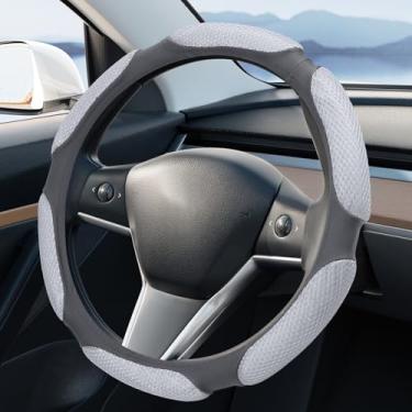 Imagem de Wuyaoyao Capa de volante de carro, capa de volante antiderrapante de couro PU de 38 cm com almofada de mão macia, respirável e confortável, acessórios internos universais para carros (cinza)