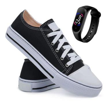 Imagem de Tênis Casual Feminino All Colors Cano Baixo + Relógio, Preto, 36