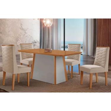 Imagem de Conjunto: Mesa Sala Jantar Tilia c/ Tampo Madeirado Canto Curvo 120x80cm e 4 Cadeiras Dafne Naturale/Off White - Suede Creme - Rufato