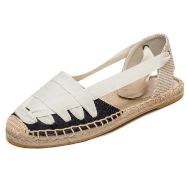 Imagem de U-lite Sandália feminina espadrille rasteira fechada no tornozelo, cadarço clássico verão elegante sapatos rasos, Faixa preta e branca, 37
