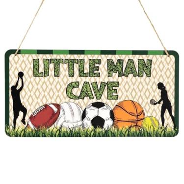 Imagem de Placa Madeira Tema Esportivo, 30x20cm Little Man Cave Decoração para Quarto Meninos Futebol Basquete Vôlei Rugby Arte Parede Rústica para Pendurar Berçário Quarto Infantil Sala Jogos