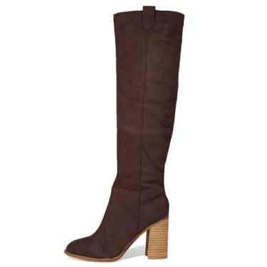 Imagem de Erocalli Bota feminina de camurça, cano alto, salto alto, folgada, bico redondo, zíper lateral, 1 chocolate, 39