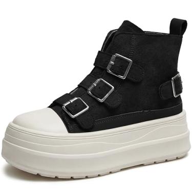 Imagem de REFRASE LIFE Tênis de plataforma feminino, cano alto, fivela grossa, camurça, com zíper lateral, retrô, antiderrapante, Preto, 36