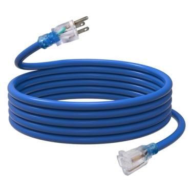 Imagem de EP Cabo de extensão de extremidade iluminada externa de 3 metros SJTW, calibre 12/3, cabo de extensão resistente com plugue de 3 pinos, 15A MP 1875W 12AWG, azul, lista UL