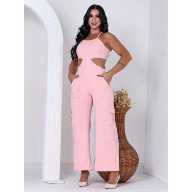 Imagem de Macacão Cargo Feminino Longo Bolsos Largos - Multimarcas, Rosa claro, 