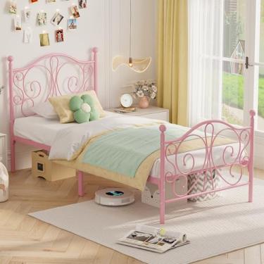 Imagem de Merronix Estruturas de cama de solteiro com cabeceira e estribo de padrão borboleta, cama de solteiro fácil de montar, sem necessidade de mola box plataforma de metal resistente, rosa