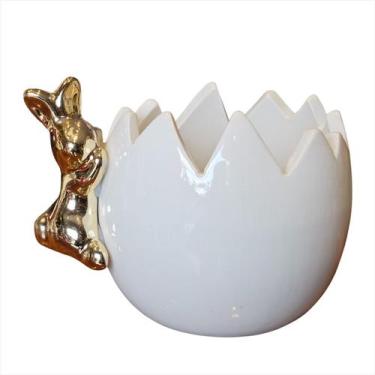 Imagem de Potinho Cerâmica Branco C/ Coelho Dourado Decoração Páscoa M - Tok