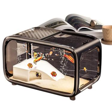 Imagem de Tanque de peixes de aquário - aquário de mesa com decoração de escalada - Recipiente de paisagem de acrílico transparente com orifício de alimentação para camarão betta, caracóis, tartaruga