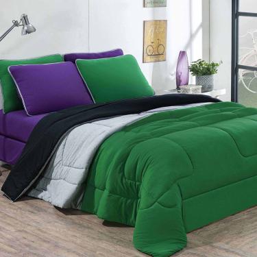 Imagem de Kit Edredom + Jogo De Lençol Malha 100% Algodão Urbano 4 Peças Solteiro - Verde Bandeira/Mescla/Roxo