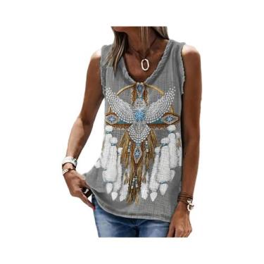 Imagem de Camiseta Feminina Retrô Estampada Casual Sem Mangas, Estilo Solto Étni